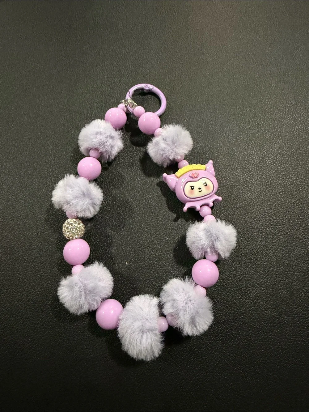Lilac Furry Bead Keychain with Cute Character Charm